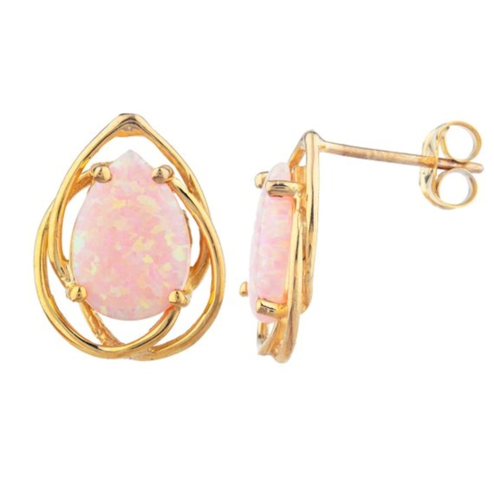 14Kt Gold Plated Pink Opal Pear Teardrop Earrings - Picture 2 of 3